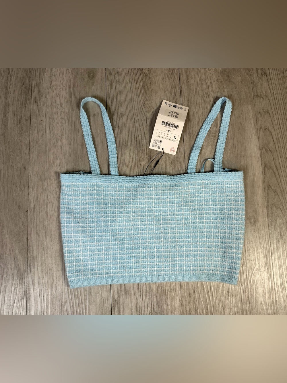 Zara Blue White Check Knit Cropped Tank Square Neck Zip Back Size S NWT.